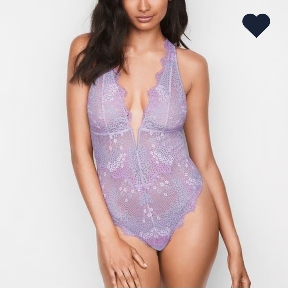 Victoria's Secret Dream Angels Mini Floral Lace Plunge Teddy Bodysuit Lavender